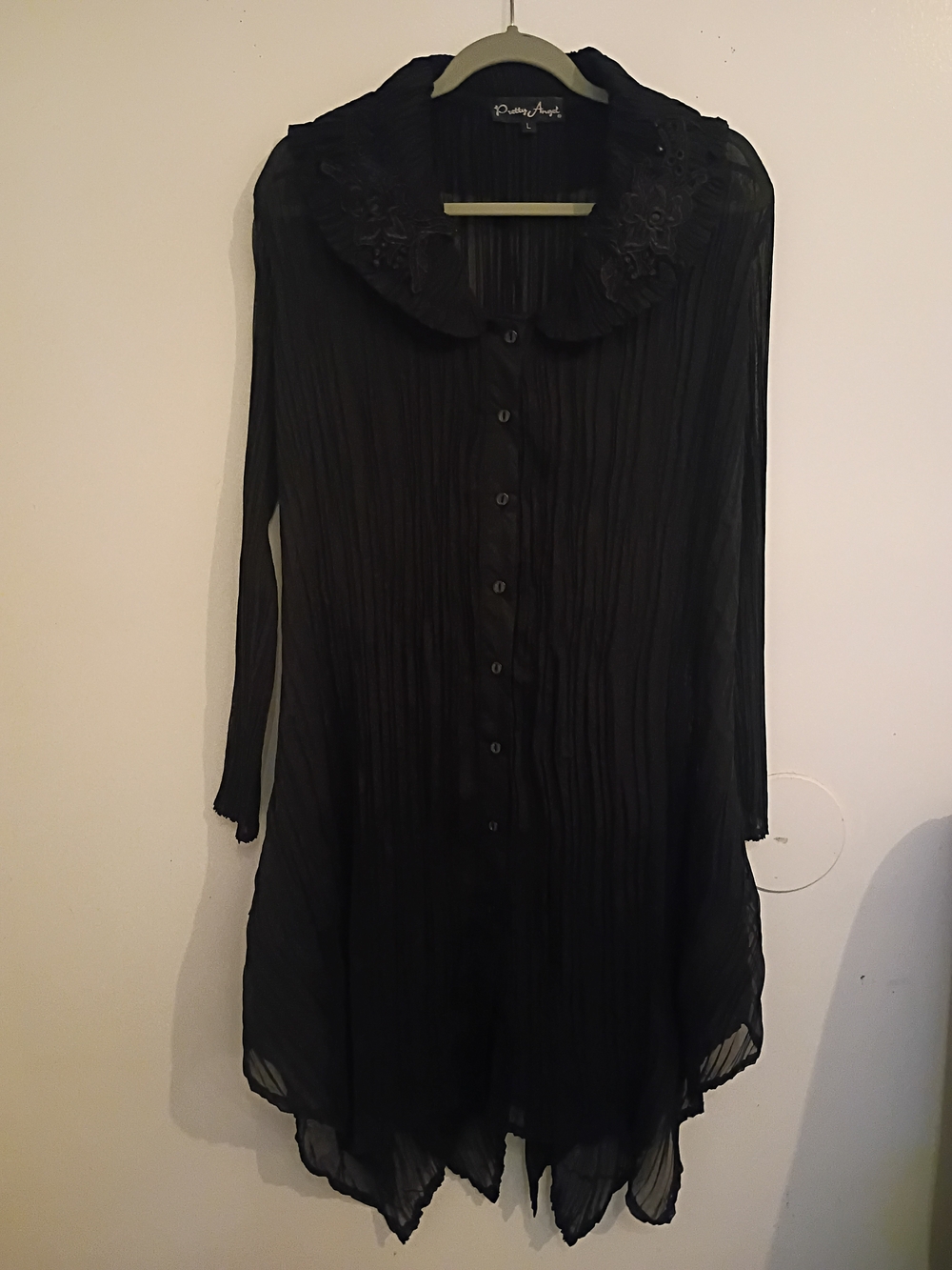 Pretty Angel Black Sheer Pleated Mini Dress Silk Blend Sz L